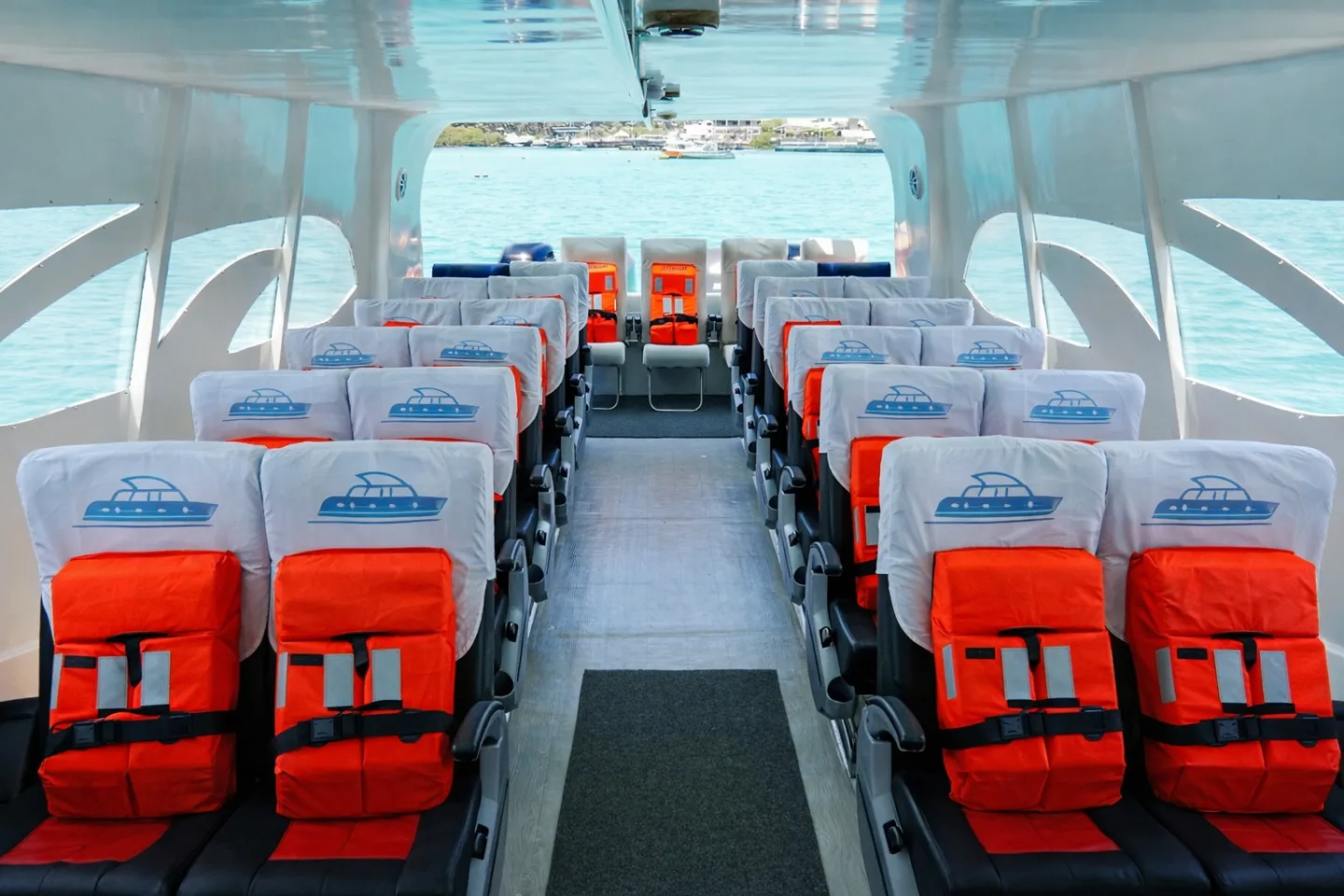 Seats inside a Galapagos inter-island ferry for the San Cristobal to Isabela connection
