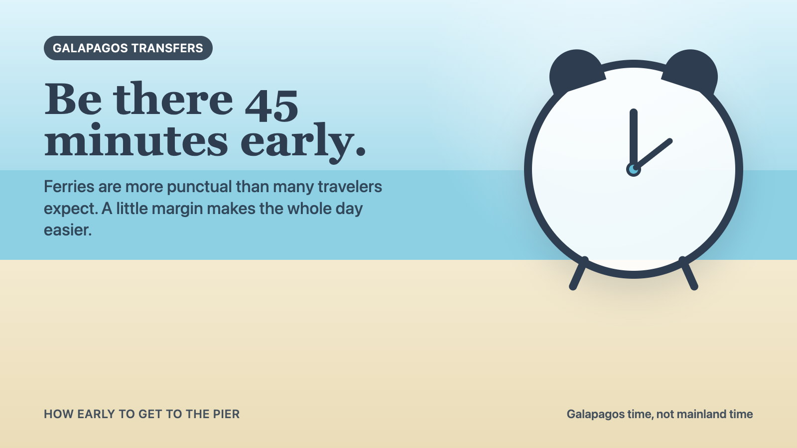 Illustrated alarm clock cover for Galapagos ferry timing advice